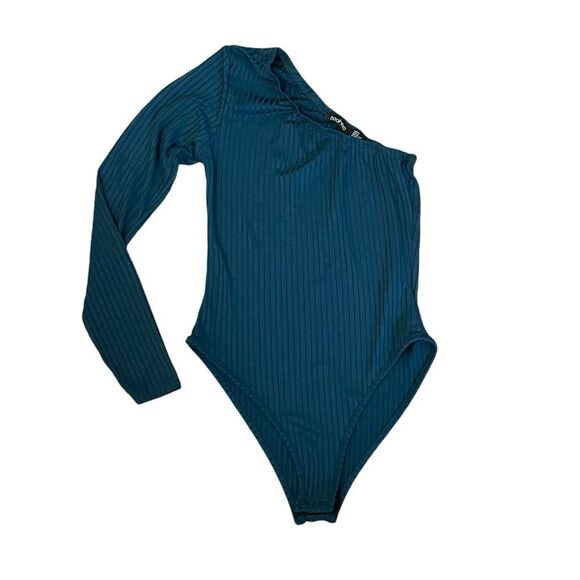 BooHoo One Shoulder Bodysuit Teal Green Ribbed Knit Long Sleeve Snap 4 - Picture 1 of 5